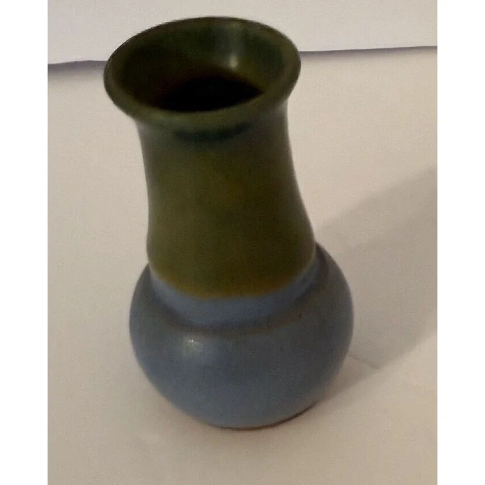 Small Studio Art Pottery Bud Vase Lot of 2 Blue Green & Brown-Signed-Approx.3